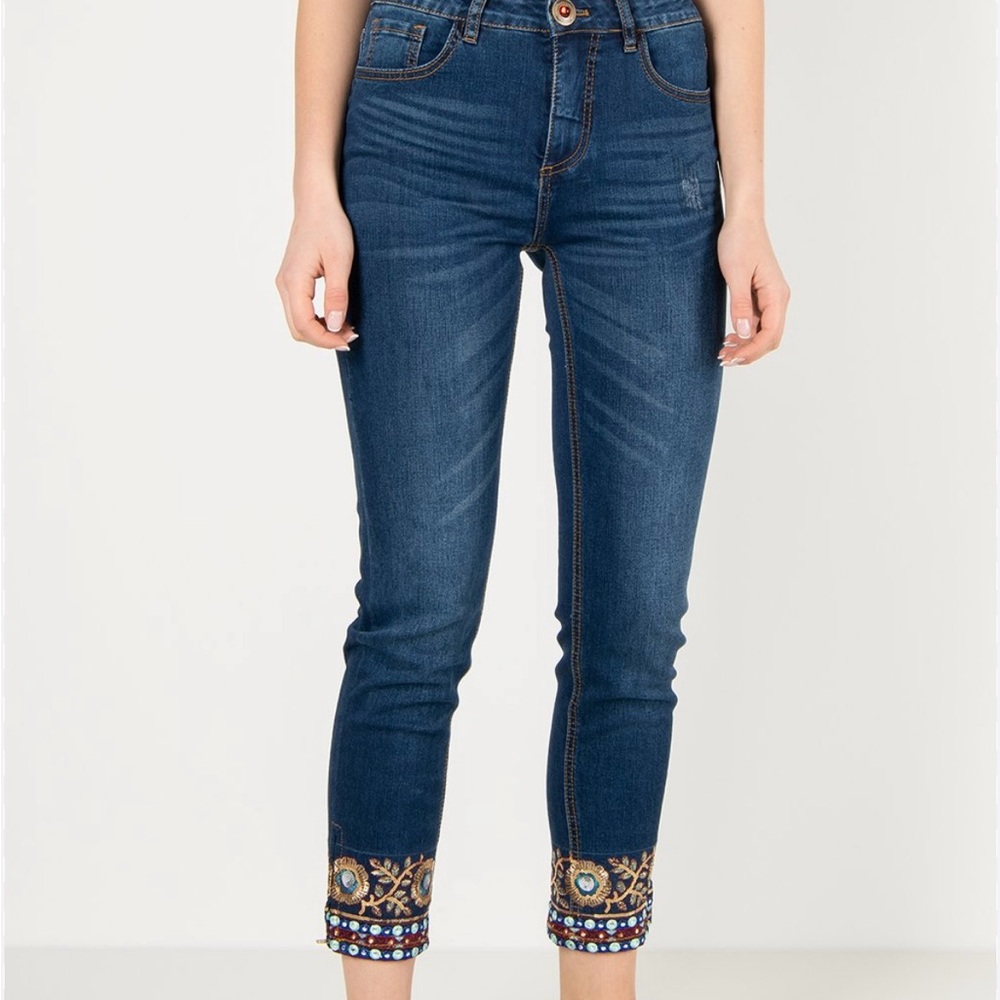 Desigual Blue Embroidered Cropped Jeans